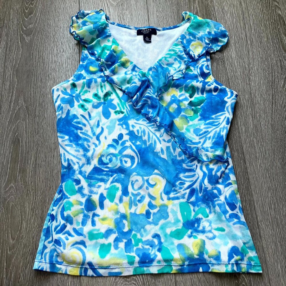 Chaps Petite PL Blue Green white Ruffled V-Neck Sleeveless Tank